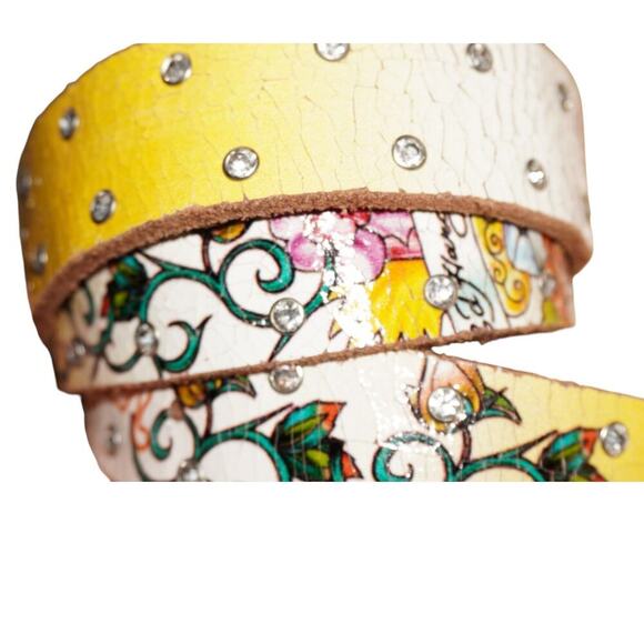 Ed Hardy by Christian Audigier Tattoo Graphic Studded Leather Belt Size XL - Picture 3 of 11